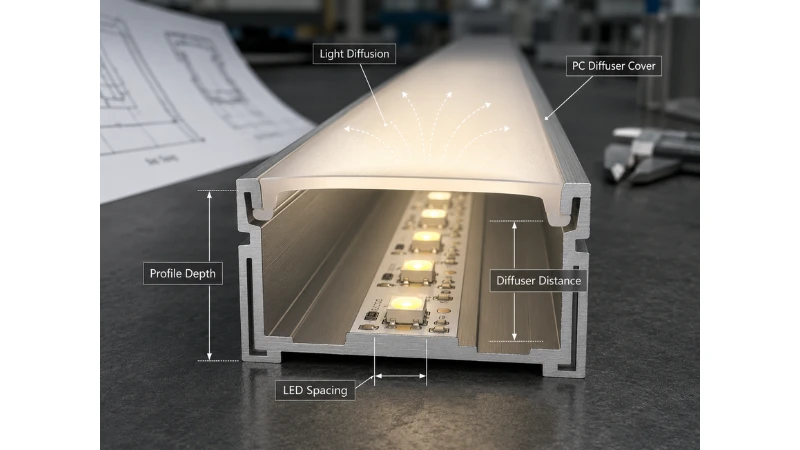 LED diffuser profile design showing LED spacing, diffuser distance, profile depth, and light diffusion LED diffuser profile design showing LED spacing, diffuser distance, profile depth, and light diffusion